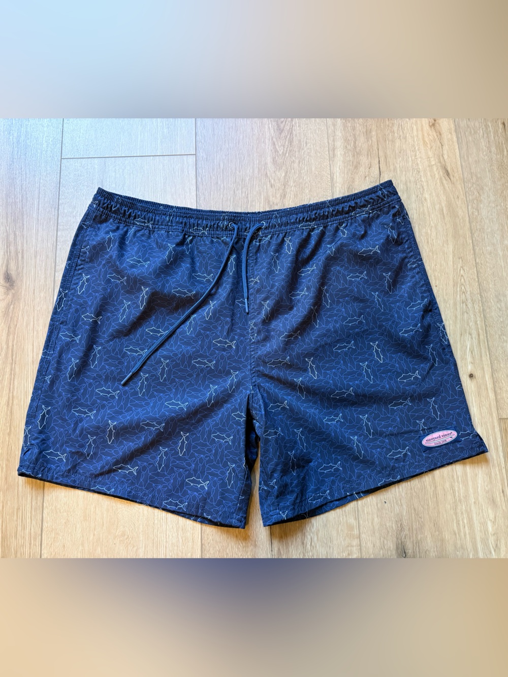 Vineyard Vines Men's Navy Shark-Pattern Drawstring Swim Trunks